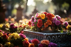 Decorated graves in cemetery on Day of the Dead background with empty space for text photo