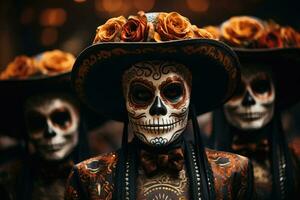 Catrinas procession in traditional attire during Day of the Dead background with empty space for text photo