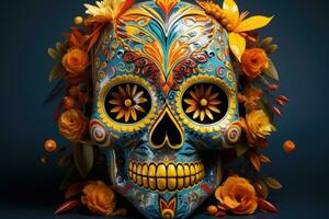 Detailed skull face paint for Day of the Dead celebrations isolated on a gradient background photo