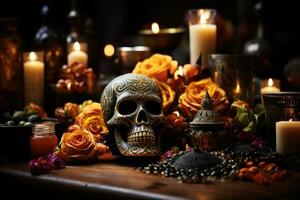 Authentic altars with traditional offerings Day of the Dead background with empty space for text photo