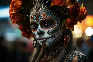 Dazzling display of skeleton themed face paintings at a joyous Day of the Dead celebration photo