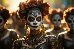 catrinas desfile en maravilloso atuendo encarnando día de el muertos esquelético elegancia foto