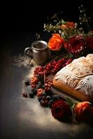 Symbolic Bread of the Dead Pan de Muerto arrangement background with empty space for text photo