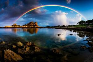 un magnífico arco de luna arcos terminado un sereno costero paisaje fundición un vistoso reflexión en el brillante aguas foto