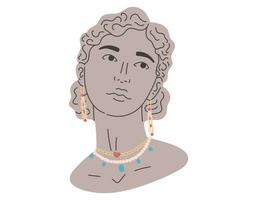 Female mythical antique flat head. Gypsum stone woman Greek statue with jewelry, earrings, necklace, chain. Vector isolated cartoon illustration.