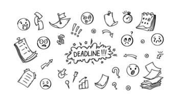 Set of business deadline doodle elements. Hand drawn troubled emoticon, arrow, flying paper pile, pin, calendar. Vector illustration in sketch style