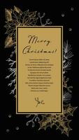 Merry Christmas and Happy New Year vertical greeting card with hand drawn golden botany elements. Vector illustration in sketch style. Festive background. Social media stories template