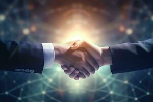 business people shaking hands over networked background ai generated photo