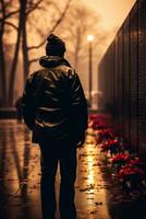 Veterans reflecting at war memorials and monuments background with empty space for text photo