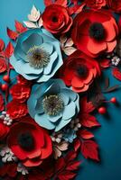Commemorative wreaths and poppies for Veterans Day isolated on a soft blue gradient background photo