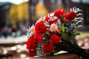 Symbolic poppies and wreaths displayed poignantly during Veterans Day memorial service photo