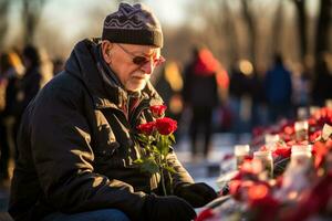 Reflective veterans reminisce beside war monuments on a solemn Veterans Day photo