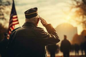 Patriotic veterans saluting in front of iconic US landmarks background with empty space for text photo