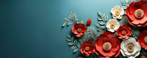 Commemorative wreaths and poppies for Veterans Day isolated on a soft blue gradient background photo