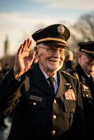 veteranos en uniforme saludando con orgullo en contra el fondo de icónico nosotros puntos de referencia en veteranos día foto