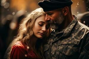 Tearful family reunions with veterans on Veterans Day background with empty space for text photo