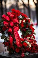 Commemorative wreaths and poppies honoring servicemen on solemn Veterans Day photo