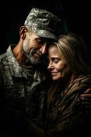 lloroso reunión de un veterano y su familia aislado en un sentido degradado antecedentes foto