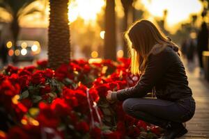 Commemorative wreaths and poppies honoring servicemen on solemn Veterans Day photo