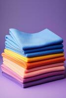 Microfiber cleaning cloths in various colors isolated on a purple gradient background photo