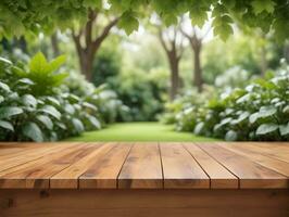 A Wooden Table Sitting In Front Of A Lush Green Forest. AI Generated photo