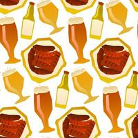 Patterning of draft beer mugs with foam on white background. Continuous repeat pattern vector