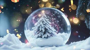 ai generativ, snöig jul träd i en glas boll, jul prydnad video