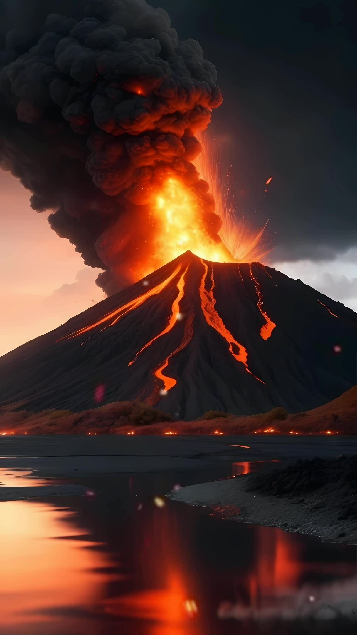 Ai generative, Volcanic eruptions emit lava and thick black smoke ...