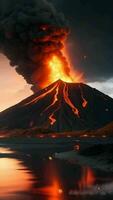 ai generativo, volcánico erupciones emitir lava y grueso negro fumar video
