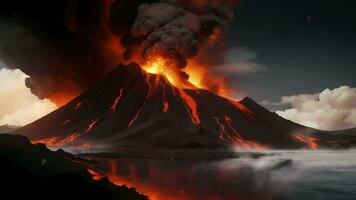 ai generativo, vulcânico erupções emitir lava e Grosso Preto fumaça video