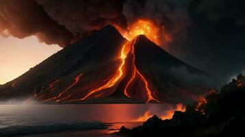 ai generativo, volcánico erupciones emitir lava y grueso negro fumar video