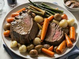 A Plate Of Meat Potatoes Carrots And Asparagus. AI Generated photo