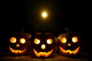 Three Jack O Lantern Pumpkins Lit Up In The Dark. AI Generated photo