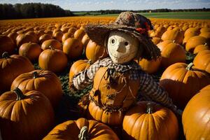 un espantapájaros en un campo de calabazas ai generado foto