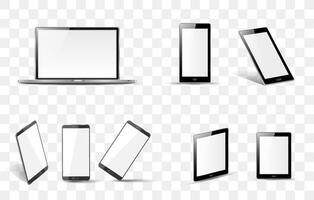 teléfono inteligente, tableta y computadora portátil con protector de pantalla en blanco aislado en fondo blanco. maqueta de dispositivos realista y detallada. ilustración vectorial de stock vector