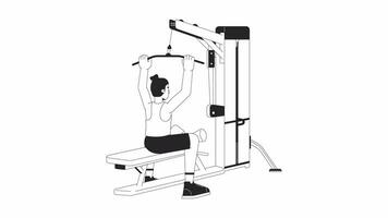 Mann Schleppen Bar Nieder auf lat Pulldown Maschine bw Gliederung Karikatur Animation. Fitnessstudio 4k Video Bewegung Grafik. Fitness Enthusiast männlich 2d einfarbig linear animiert Charakter isoliert auf Weiß Hintergrund