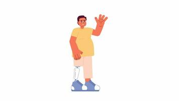 Overweight man with prosthetic leg 2D character animation. Waving hand flat cartoon 4K video, transparent alpha channel. Happy eyeglasses man with artificial leg animated person on white background video