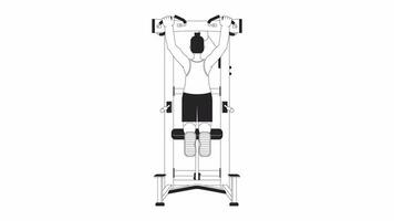 Man pulling up on pullup machine bw outline cartoon animation. Stretching upper body 4K video motion graphic. Exercise sportsman 2D monochrome linear animated character isolated on white background