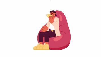 Bean bag woman holding coffee cup 2D character animation. Tea break flat cartoon 4K video, transparent alpha channel. Middle eastern girl sitting on beanbag chair animated person on white background video