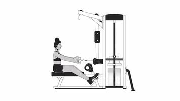 Woman grasping cable attachment on machine bw outline cartoon animation. Seated row exercise 4K video motion graphic. Gym girl 2D monochrome linear animated character isolated on white background