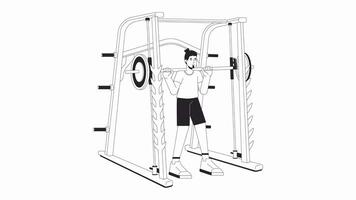 Man doing squats in power rack bw outline cartoon animation. Heavyweight. Performing powerlifting 4K video motion graphic. Gym guy 2D monochrome linear animated character isolated on white background