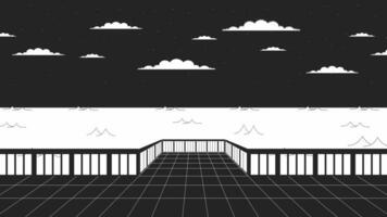 Pier at night bw outline cartoon animation. Quay water. Atmospheric landscape 4K video motion graphic. Skyline nighttime. Stars sea 2D monochrome linear animated background, aesthetic lofi wallpaper