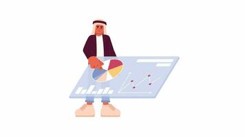 saudi hombre tocando márketing analítica tablero 2d personaje animación. plano dibujos animados 4k video, transparente alfa canal. joven adulto saudi masculino reunión datos animado persona en blanco antecedentes video