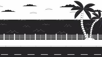 Dusk roadside seascape with palm trees bw outline cartoon animation. Twilight seaside, palmtrees 4K video motion graphic. Sunset quay 2D monochrome linear animated background, aesthetic lofi wallpaper