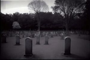 un negro y blanco foto de un cementerio. ai generado