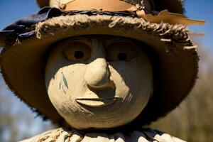 A Close Up Of A Scarecrow Wearing A Hat. AI Generated photo