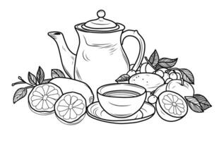 Teapot coloring page with cups of tea and lemon. Breakfast still life. vector