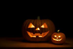 un Pareja de calabazas sentado en parte superior de un mesa. ai generado foto