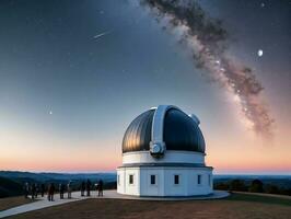 un grupo de personas en pie en frente de un telescopio. ai generado foto