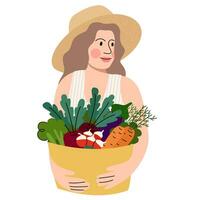 mujer con el cesta de verduras.heathy alimento. sano estilo de vida. vector